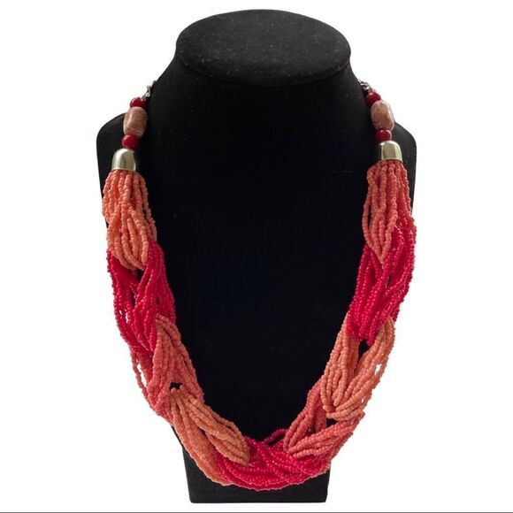Multi Strand Intertwined Seed Bead Statement Necklace • Coral Tones • NWOT - Picture 1 of 4